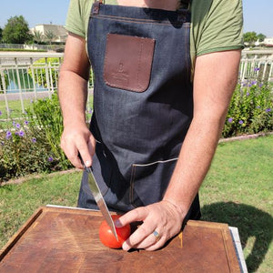 Denim Apron (dark brown leather pocket)