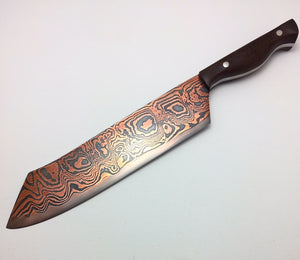 SOLD - Custom Cleaver with Copper etched San Mai Damascus Steel Blade