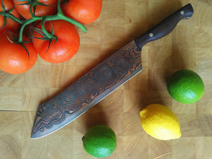 SOLD - Custom Cleaver with Copper etched San Mai Damascus Steel Blade