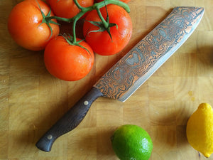 SOLD - Custom Cleaver with Copper etched San Mai Damascus Steel Blade