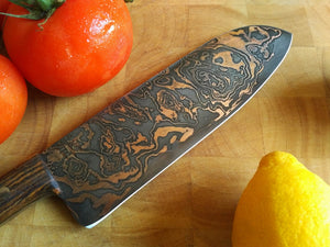 SOLD - Custom Santoku with Copper etched San Mai Damascus Steel Blade